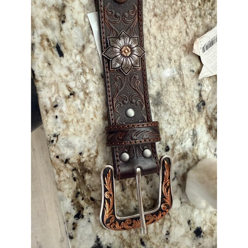 Ariat Womens Dark Brown Tooled Leather Western Belt Sunflower Conchos A1533902 S